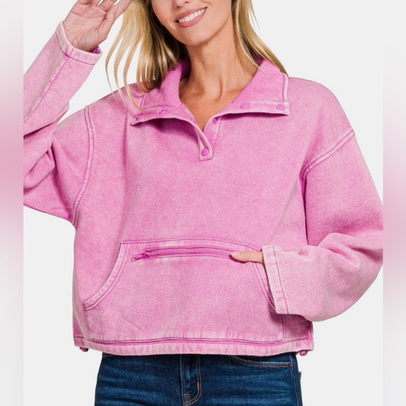 NWT Zenana Mauve Pink Acid Wash Fleece Half Snap Kangaroo Pocket Sweatshirt - Picture 2 of 3